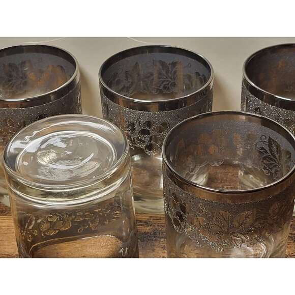 MCM Silver Fade Ombre Old Fashioned Glasses Set of 5 Textured Grapes & Leaves - Picture 9 of 12